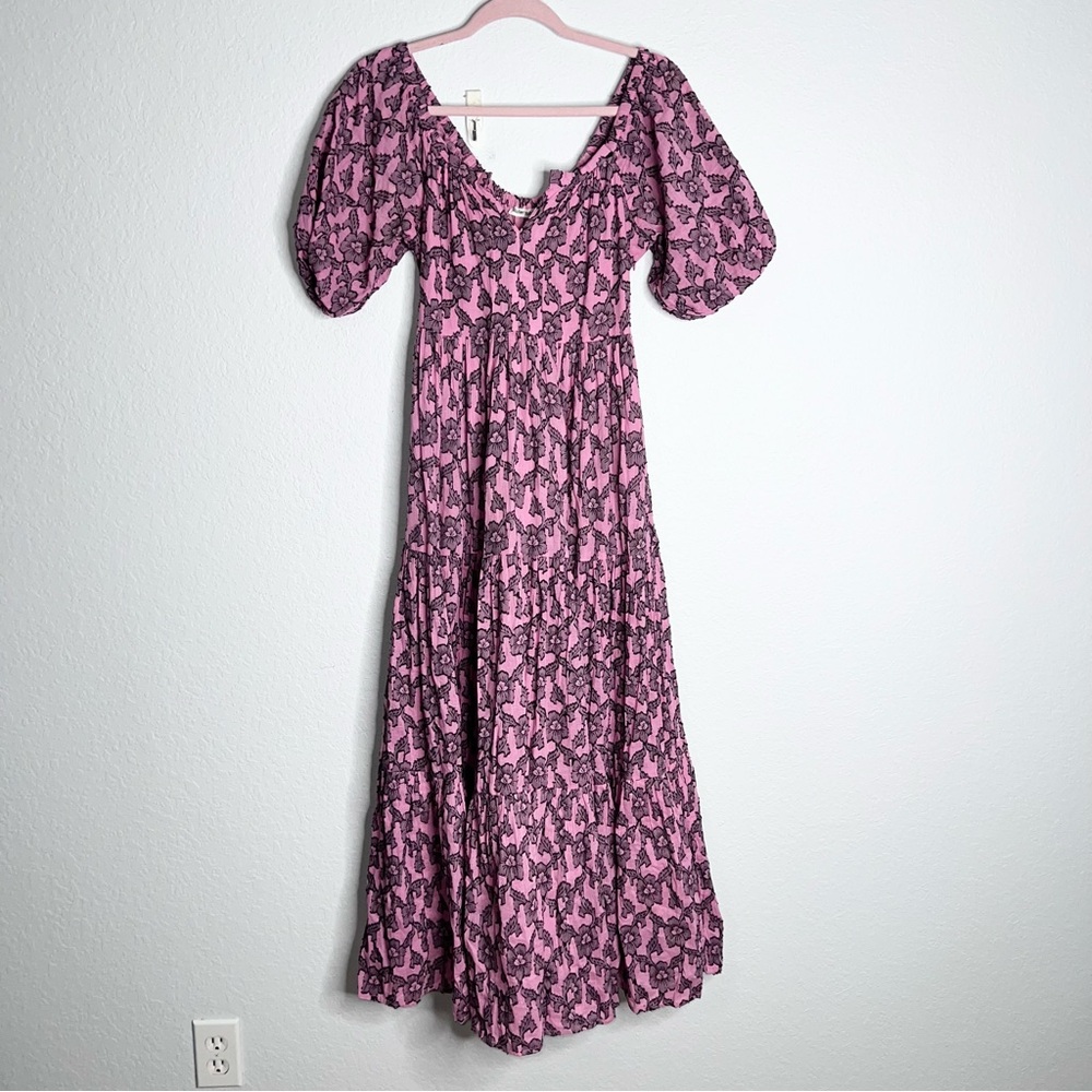 Roller Rabbit Pink and Black Floral Puff-Sleeve Maxi Dress